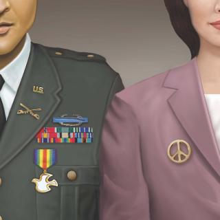 illustration of person in military uniform with peace dove medal and person in business jacket with peace symbol pin