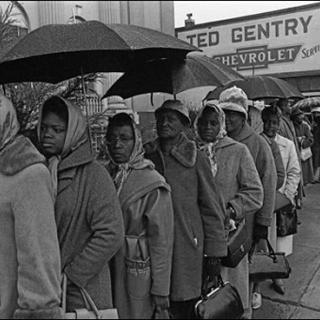 African American citizens wait in the rain to register to vote in Selma, Alabama, on February 17, 1965 (AP Photo)