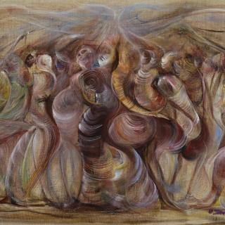 Painting: "Storming" by Ikahl Beckford, oil on canvas. A group of figures crowded and dancing or swaying
