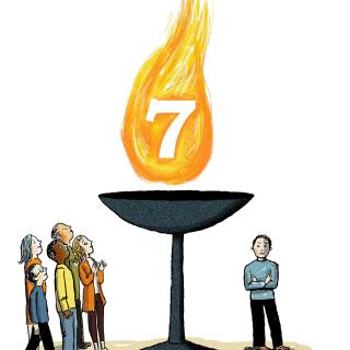 An illustration of large chalice with a flame that has the number '7' in it, with a gentleman with his arms crossed to the right of it and a group of people looking at the flame on the left.