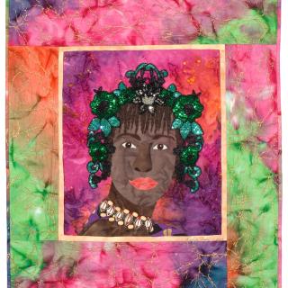 Erzulie Dantor II. © 2005 Michele David. Batik fabrics, fabric paint, hand-dyed fabrics, embellishments, 24 x 28 inches. creole-creations.com