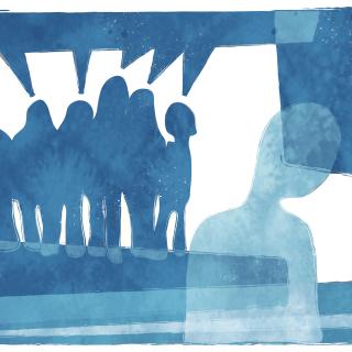 illustration in blue of abstract figure being bullied
