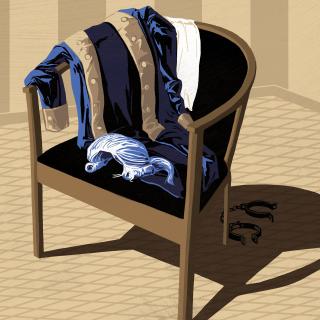 Illustration of Revolutionary War costume, draped over a chair. In the shadow of the chair are emptly shackles.