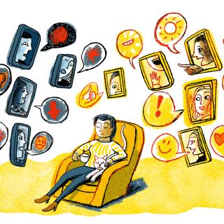 Illustration of a person sitting in a couch, eyes closed, with a cat and mug, looking content. Surrounding the person are screens with happy and sad faces with opinions, positive and negative.