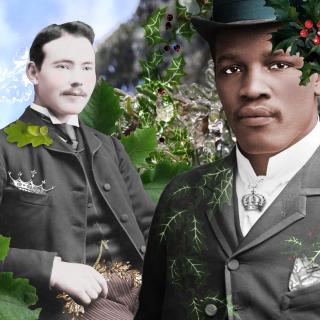 two Victorian-looking gentlemen with oak and holly decorations