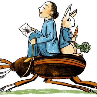 Illustration of Beatrix Potter riding on the back of a beetle with Peter Rabbit.