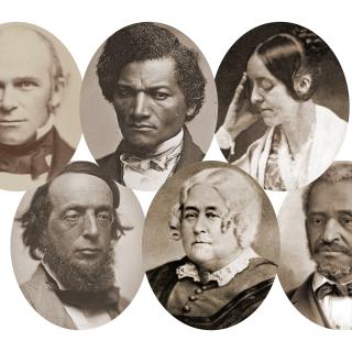 Photo collage of 6 spiritual friends, from top left: Theodore Parker, Frederick Douglass, Margaret Fuller, James Freeman Clarke, Elizabeth Palmer Peabody, Lewis Hayden