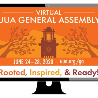 Illustration of a computer with the screen announcing that the 2020 UUA General Assembly will be entirely virtual. 