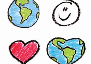 Drawn symbols of the earth, a smiley face, a heart, and the earth in the shape of a heart.