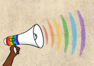 A hand holds a megaphone emitting rainbow-"colored" sound waves