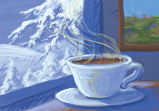 Painting of a warm cup of coffee near a window with scenery. Blue highlights.