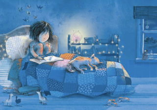 Illustration of young girl reading a book on a bed