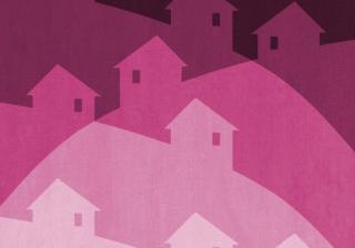 Rows of abstract houses on hills that are in a light pink-to-dark pink gradient.