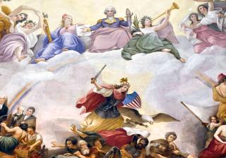Apotheosis of Washington: War  In this scene armored Freedom, sword raised and cape flying, with a helmet and shield reminiscent of those on the Statue of Freedom, tramples Tyranny and Kingly Power; she is assisted by a fierce eagle carrying arrows and a 