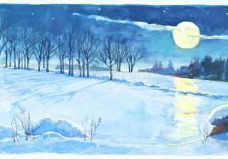 painting of a nighttime winter scent, with snowy field and a full moon rising.