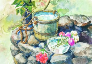 Watercolor f a bucket of water and a glass bowl of flowers, on a rock ledge.