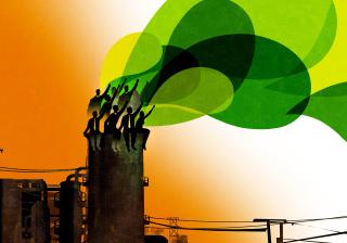 Illustration of a factory smoke stack, with green clouds coming out, and protestors sitting on top of the smokestack. Illustrating protest against pollution