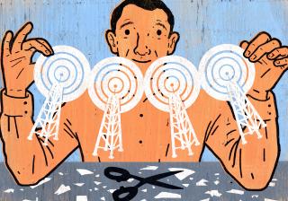 illustration of a man holding up a cut-paper series of repeating radio towers with round signals beaming from their tops. 
