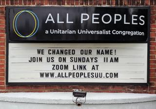 Photo of sign for All Peoples, which changed its name after Thomas Jefferson.