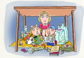 Illustration of a woman and her children cowering under a table with lots of safety paraphenalia.