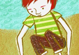 Illustration of a boy playing with a stick. 