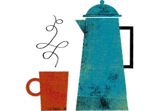 illustration of cup of coffee and coffee pot.