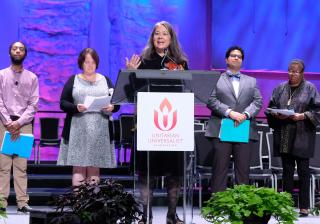 The Commission on Institutional Change members at GA 2019. From left: Cir L’Bert Jr., Mary Byron, the Rev. Dr. Natalie Fenimore, the Rev. Leslie Takahashi, and Elias Ortega-Aponte