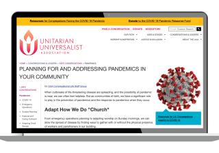 Image of a laptop showing the UUA Pandemic webpage. 