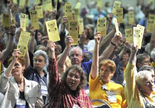Attendees hold up Delegate voting cards at Plenary VII.