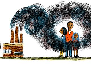 Illustration of family of color surrounded by smoke from a factory