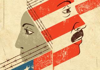 Illustration of two faces separated by barbed wire and an American flag.