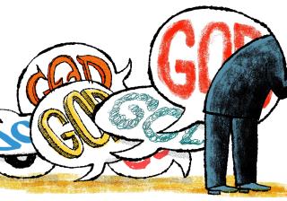 Illustration of speech bubbles all saying "god", with a person hiding his head.