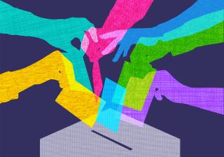 Illustration of overlapping multicolored hands putting ballots in a ballot box.