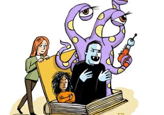 Illustration of a science fiction monster, a vampire, and a young person coming out of a large book with a woman holding the book open