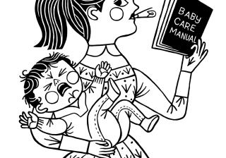 mother with crying baby and baby care manual