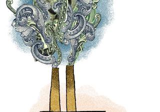 Illustration of a factory with smoke made of money coming out of chimneys 