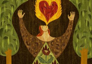  A woman in a forest, breathing fire with heart-shape in it