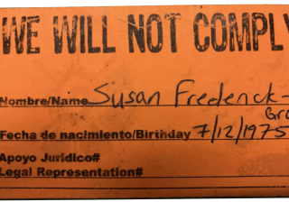 Image of a card that says "WE WILL NOT COMPLY" with Susan Frederick Gray's name. 