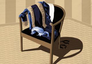 Illustration of Revolutionary War costume, draped over a chair. In the shadow of the chair are emptly shackles.