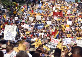Thousands take to the streets for a Mass Moral Monday March and voting rights rally on July 13, 2015, in Winston-Salem, North Carolina. 