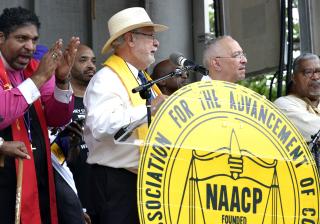 Mass Moral Monday March and rally for voting rights, on the occasion of the start of the federal court's consideration of "North Carolina NAACP v. McCrory" in Winston-Salem, NC with Rev William Barber and Rev Peter Morales, others