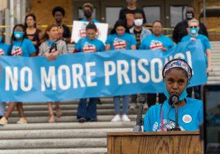 FFLIC Youth Leader, Kaliyah Isis Watson, speaks at a ‘#NoMorePrisons Campaign’ press conference in front of the Louisiana State Capitol