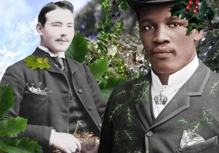two Victorian-looking gentlemen with oak and holly decorations