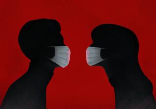 illustration of two people facing each other. Background is red, their bodies are silhouetted except for face masks. 