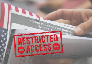 photo illustration of naturalization ceremony materials with"Restricted access" stamp over.