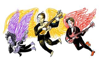 Prince, Leonard Cohen and David Bowie illustrated as angels playing guitars.