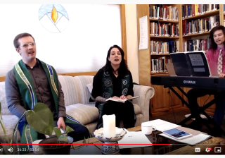 Screen shot of livestreamed worship shows worship leaders from two Washington State congregations