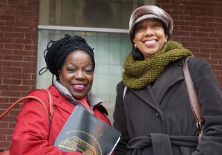 Janice Marie Johnson, UUA director of Multicultural Ministries and Leadership, and Taquiena Boston, director of Multicultural Growth and Witness, outside Brown Chapel AME Church in Selma, Alabama