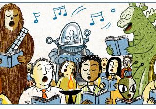 Illustration of congregation including science fiction characters singing from a hymnal. 