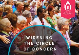 Image of a group of people in an audience with the text "Widening the circle of concern", and the UUA logo.